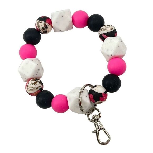 Keychain bracelet wristlet silicone beaded skull roses rockabilly NEW handmade c - Picture 1 of 7
